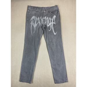 Revenge Jeans Mens M Gray Embroidered Straight‎ Leg Regular Fit Low Rise Denim